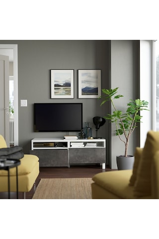 Tv Sehpası, Beyaz-koyu Gri, 120x42x48 Cm, Kallvıken, Çıt Çıt Raylı Gri