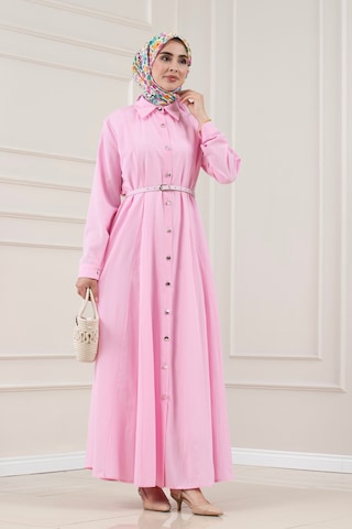 Sevitli Gömlek Yaka Kemerli Berra Elbise-pembe-5884