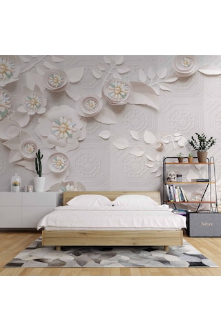3 Boyutlu Beyaz Çiçek İnci Motifli Duvar Kağıdı Baskı 1 M²