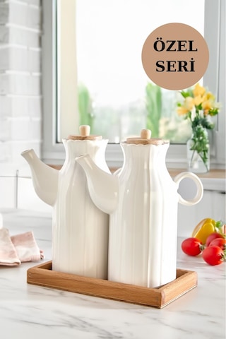 3'lü Standlı Yağdanlık Seti Sirkelik Zeytin Yağlığı 1 Lt Beyaz