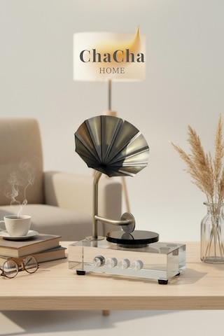 Kristal Cam Nostaljik Gramofon Obje 29x20 Cm - Metal Borulu Lüks Ofis Masası Aksesuarı Biblo 29 X 20 Cm
