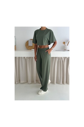 Gugus Yazlık Takım - Alt Üst Kadın Dokulu Kumaş -baggy Pantolon + Salaş Üst Koyu Yeşil