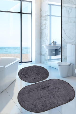 Nova Antrasit Oval 60x100 + 50x60 Cm 2'li Banyo Paspası Seti Kaymaz Antrasit