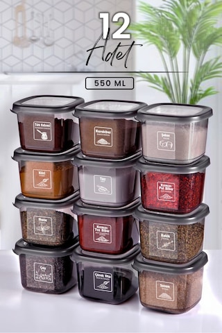 Kitchen Life 12 Adet Etiketli Antrasit Baharatlık Seti -550 Ml - 12 Li Saklama Kabı Seti
