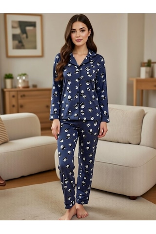Rukod Kadın Siyah Penguen Desenli Süet Gömlek Yaka Düğmeli Uzun Altlı Pijama Takımı Siyah