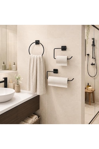 3 Lü Siyah Banyo Seti, Yapışkanlı Ve Vidalı Montajlı Havluluk, Tuvalet Kağıtlığı, Yuvarlak Havluluk Ve Kağıt Havluluk Seti Açık Ahşap