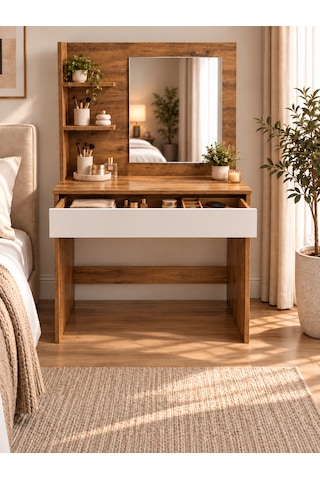 Etna Aynalı Çekmeceli Makyaj Masası 150x90 Cm- Atlantik Çam- Beyaz- Tabureli Atlantik Çam - Beyaz