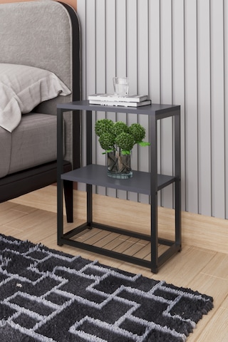 Metal Ayaklı Ve Ahşap Raflı Dekoratif Komodin Antrasit Gri Antrasit