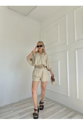 Keymoda Kadın Gömlek Şort Keten Takım Taş Rengi Taş Rengi