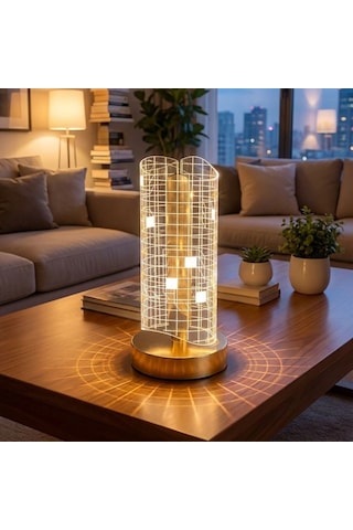 Dalgalı Silindirik Kristal Kareli Model Led Masa Lambası Gold Tabanlı, Dokunmatik, 3 Renk Işık Modlu, Şarjlı Modern Dekoratif Gece Lambası 5570 Beyaz