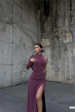 DefyModa Kadın Dik Yaka Taş Detaylı Uzun Kollu Abiye Elbise Mavi