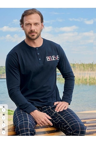Aydoğan Erkek Pamuklu Penye Süprem Uzun Kollu Pijama Takımı Yeni Sezon Koyu Lacivert
