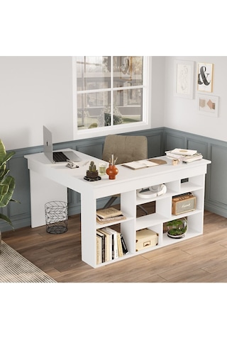 Corner Kitaplık Raflı Çalışma Masası Çam-antrasit Cor5-w Beyaz