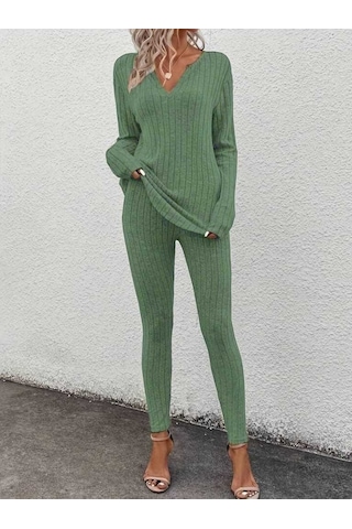 Kadın Uzun Kollu V Yakalı Bluz Alt Tayt Şardonlu Kaşkorse Ikili Takım