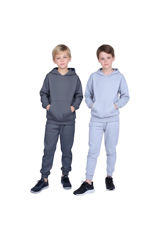 Fyk Kids 2'li Kanguru Cepli Kapüşonlu Düz Baskısız Erkek Çocuk Eşofman Takımı Füme - Gri