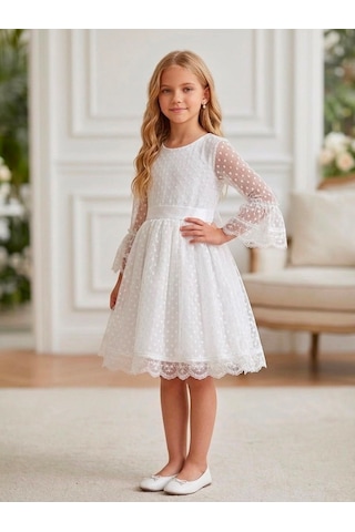 Merdia Kids Kız Çocuk Tül Dantelli Abiye Elbise Beyaz