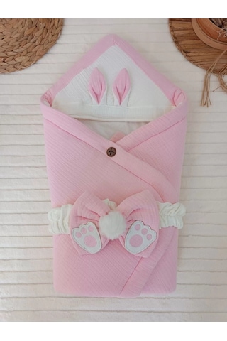 Yenidoğan 4 Kat Müslin Kumaş Kulaklı Patili Fiyonk Bebek Battaniyesi Kundak Pembe Çok Renkli