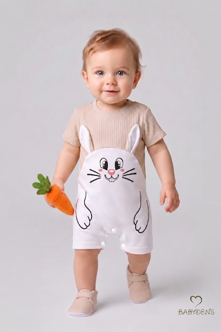 Babyden's Tavşan Baskılı Şortlu Erkek Bebek Tulum %100 Pamuk Yazlık Kısa Kollu Çıtçıtlı Yenidoğan Bebek Tulumu 0-9 Ay Bej