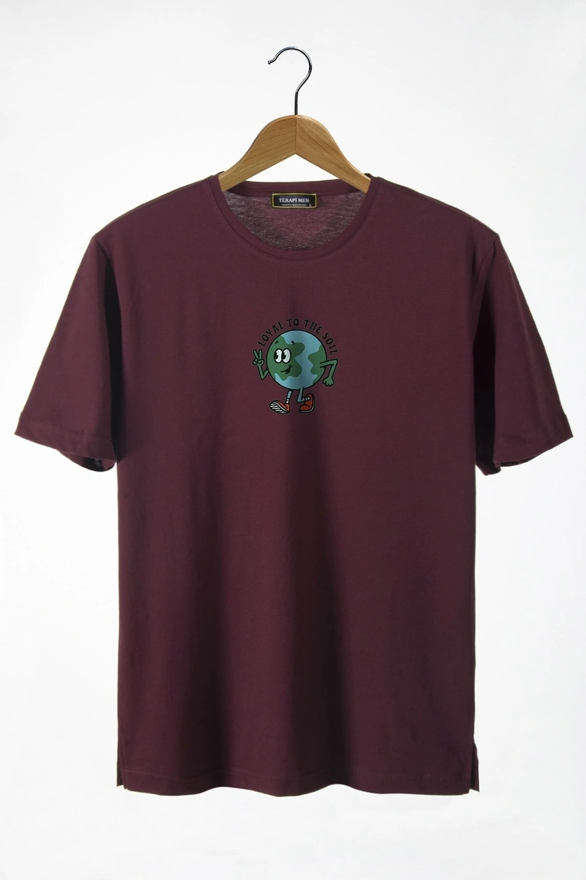 Veaven Unisex Bordo Bisiklet Yaka Önü Dünya Baskılı Oversize T-shirt Bordo
