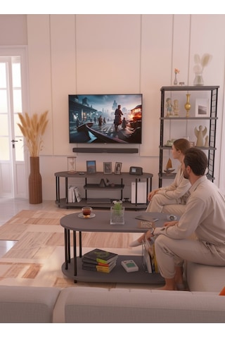 Salon Oturma Odası Takımı Metal Ayaklı Tv Ünitesi Kitaplık Orta Sehpa Avantajlı Mobilya Seti Antrasit