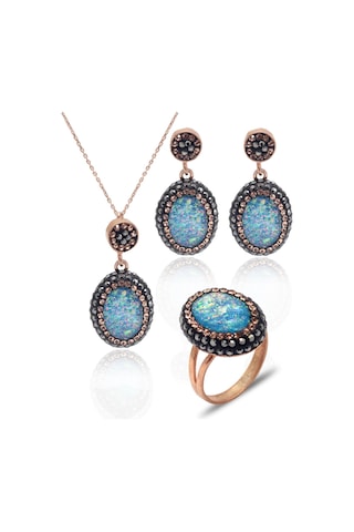 Turkuaz Paraiba Ve Swarovski Taşlı 925 Ayar Gümüş Kadın Üçlü Set 201025580