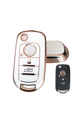 Fiat Egea Uyumlu Nano Kumanda Anahtar Kılıfı Oto Anahtarlık 3 Tuşlu Beyaz - Gold
