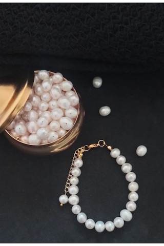 24k Altın Kaplama 8-9 Mm Gerçek İnci Sade Bileklik Beyaz Tek Ebat