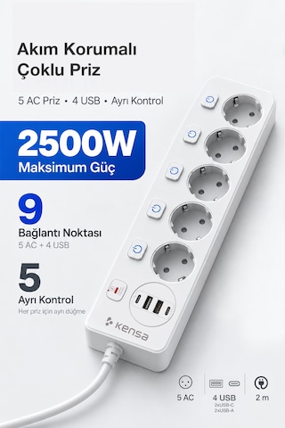 Akım Korumalı Priz 5'li + 2x Usb-a + 2x Usb-c 2 Metre Kablo 2 m