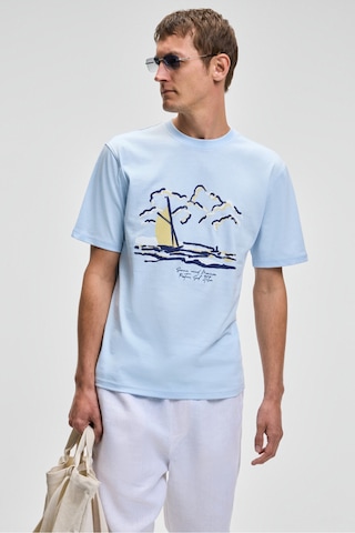 Grımelange PROVENCE Erkek Bisiklet Yaka %100 Organik Pamuklu Regular Fit Mavi T-Shirt