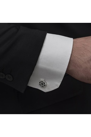 Siyah Mineli Ok Motifli Gümüş Kol Düğmesi