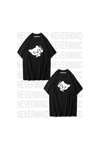 Nevermind Sevimli Cat Temalı Unisex Çift Tişörtü Siyah