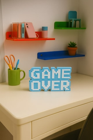 Retro Game Over Kabartmalı Dekoratif Obje - Mavi Masaüstü Ve Duvar Süsü 15 Cm