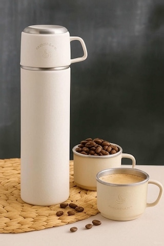 304 Paslanmaz Çelik 3 Bardaklı Termos Seti Çay Kahve Piknik Kamp Krem Krem