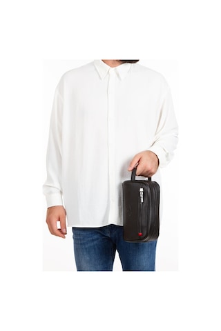 Siyah Deri Portföy El Çantası Seyahat Traş Kozmetik Clutch Çanta