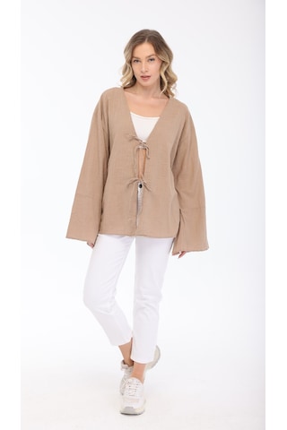 Blayn Jeans Blayn Kadın Keten Kimono Oversize Rahat Kalıp Yazlık Uzun Kollu Kimono Vizon
