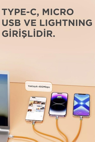Torima U160 Siyah 3 In 1 USB To Type-C Lightning Micro Uçlu Şarj Data Kablosu