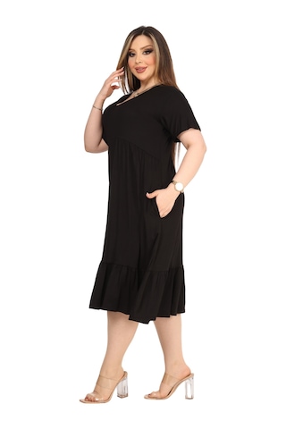 Melsay Butik Göğüsten Robalı V Yaka Kısa Kollu Siyah Cepli Elbise Siyah