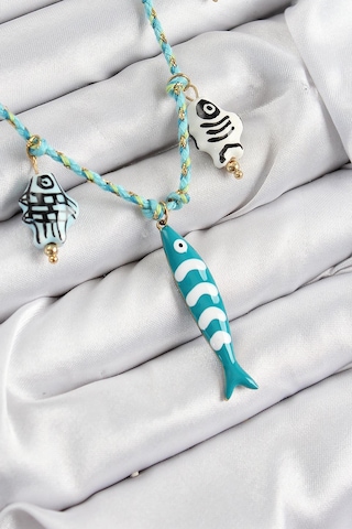 Seramik Motifli Balık Figürlü Model Mavi İp Kadın Kolye Çok Renkli