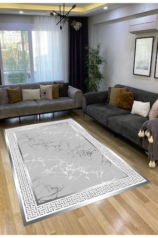 STY Home Gri Dijital Baskı Salon Halısı Kaymaz Tabanlı Yıkanabilir Halı Yolluk 31 Gri
