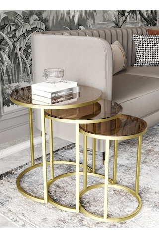 Dekoport Milas Gold Zigon Sehpa - Bronz Cam Gold Bronz