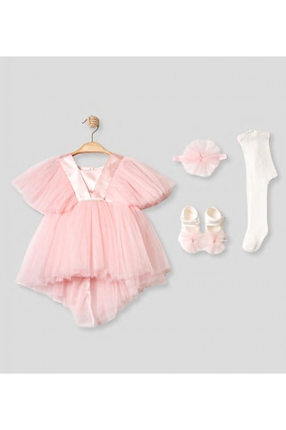 Pugi Baby Kız Bebek Şık Dantelli Mevlüt / Özel Gün Elbisesi Pembe2