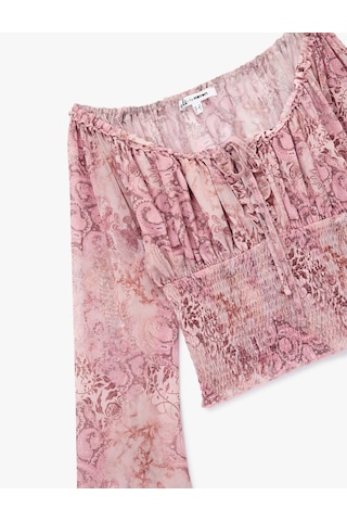 Koton Kayık Yaka Uzun Kollu Bağcıklı Yaka Gipeli Şifon Bluz Pembe Desenli 6wal60014ık Pembe Desenli