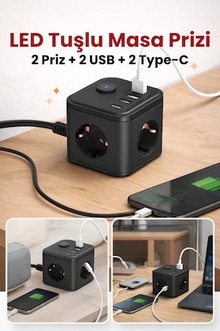 Yeni 3680w Pro Power 2xtype-c Ve 2x Usb Girişli Anahtarlı 3lü Çoğaltıcı Küp 2mt Kablolu Akım Korumalı Priz 2
