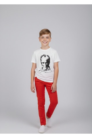Nacar Store Erkek Çocuk Atatürk Baskılı T-shirt Ve Kırmızı Keten Pantolon Takım 23nisan Ve Özel Günler Kırmızı-beyaza Siyah Atatürk