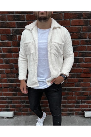 Unisex Ekru Düğme Detaylı Cepli Peluş Ceket Ekru