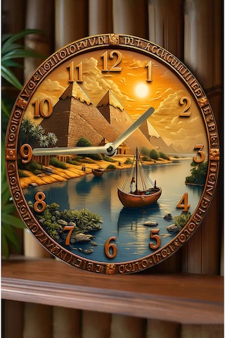 Pharaoh Time Antik Mısır Temalı Piramit Duvar Saati Sessiz Mekanizma Ahşap Kuvars Sdw225 Renkli