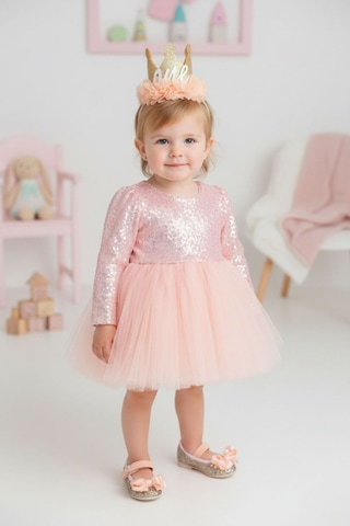 Le Mabelle Somon Pullu Uzun Kollu Kız Bebek Elbise - Berry Pembe