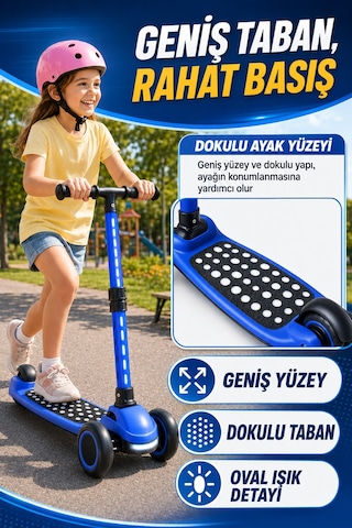 Mavi Speedx Wx-817 Rgb Işıklı Müzikli Çocuk Scooter Ayarlanabilir Alüminyum T-bar Tekerlekli Frenli