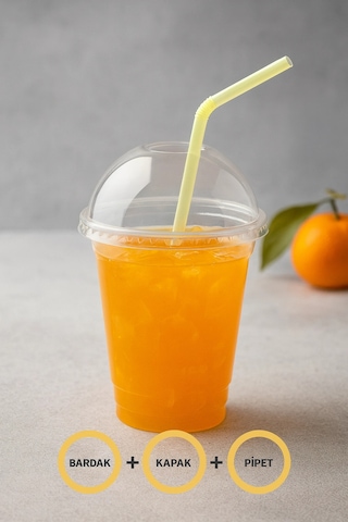 Kapaklı Pipetli Şeffaf Plastik Bardak Pet Kahve Limonata Milkshake Bardağı 50 Adet Şeffaf