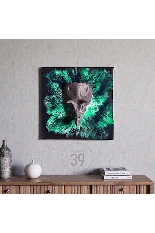 3d Triceratops Kafatası Yeşil Epoksi Duvar Tablosu, El Yapımı Heykelsi Sanat Eseri, 35x35 Cm, Modern & Statement Tasarım 35 x 35 CM